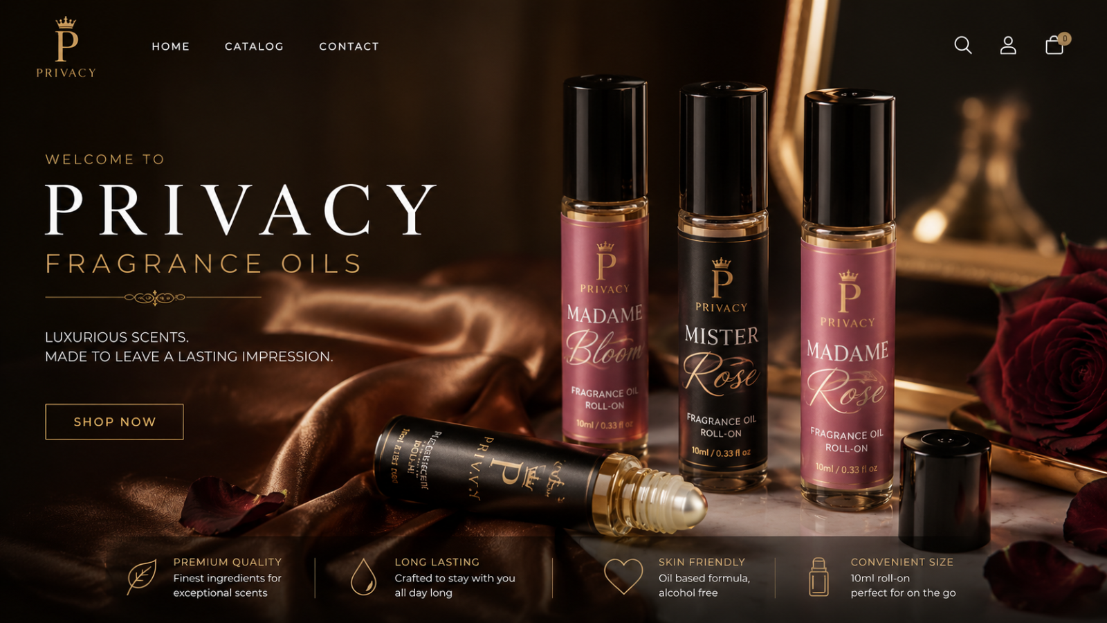 Privacy Fragrance Oils website with product display and branding elements.